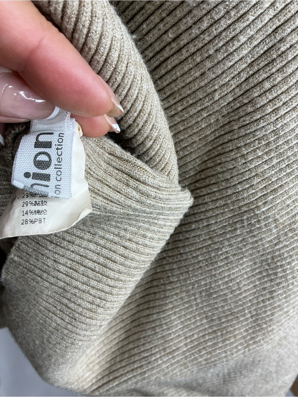 2243 - Turtleneck Asymmetrical Ribbed Sweater - Taupe - Picture 7 of 9